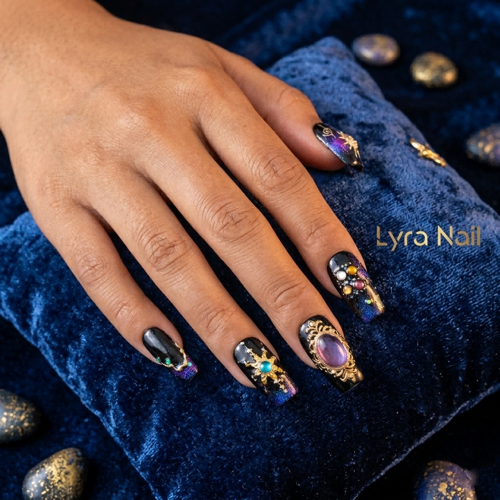 [AC-025]Twilight Cosmic Princess | Artisan Handmade Press On Nails | Baroque Gold Embossed Galaxy with Celestial Sun & Moon Charms | Salon Quality, 7-10 Day Shipping