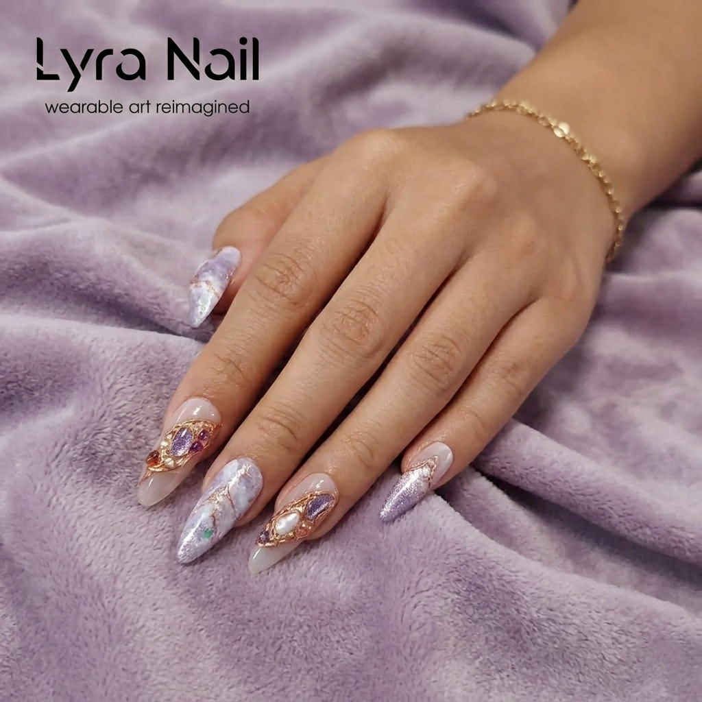 [AC-057]Barrymore Maiden | Artisan Handmade Press On Nails | Ethereal Lilac Marble & Shimmering Cat-Eye with Rose Gold Baroque Filigree | Salon Quality, 7-10 Day Shipping