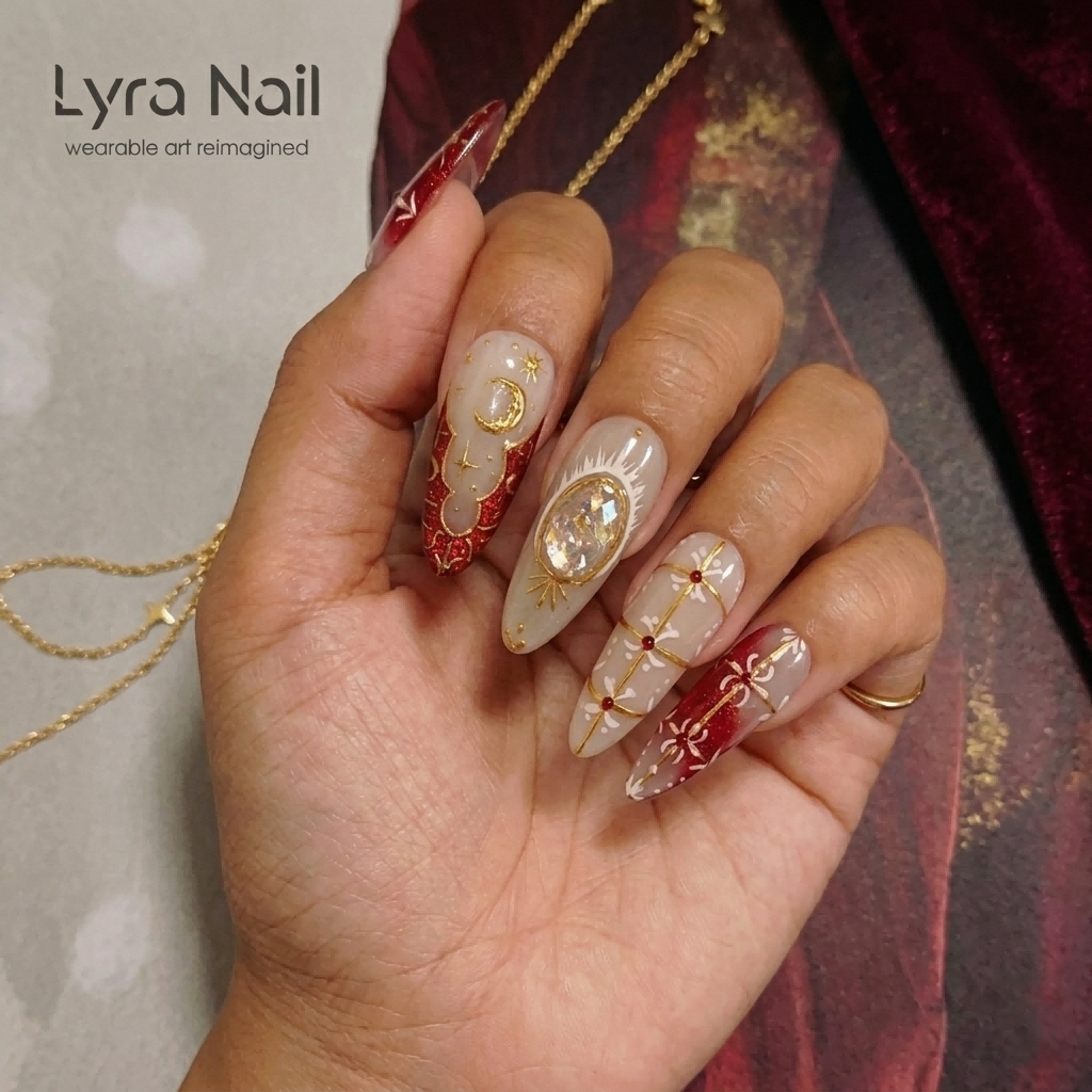 [AC-048]Flamenco Pope | Artisan Handmade Press On Nails | Sacred Crimson Gel with Greek Relief, Golden Celestial Motifs & Starry Crosses | Salon Quality, 7-10 Day Shipping