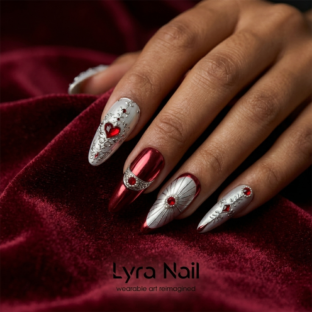 [AC-023]French Baroque Red | Artisan Handmade Press On Nails | Garnet Mirror Chrome & Pearl Stiletto Holiday Collection | Salon Quality, 7-10 Day Shipping