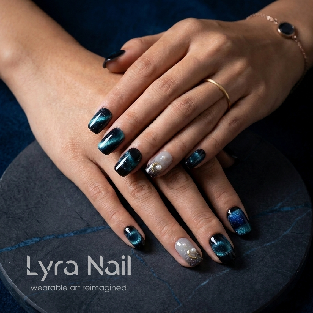 [AC-029]Midnight ESSE Mint | Artisan Handmade Press On Nails | Icy Galaxy Cat-Eye with Crescent Moon & Pearl Accents | Salon Quality, 7-10 Day Shipping