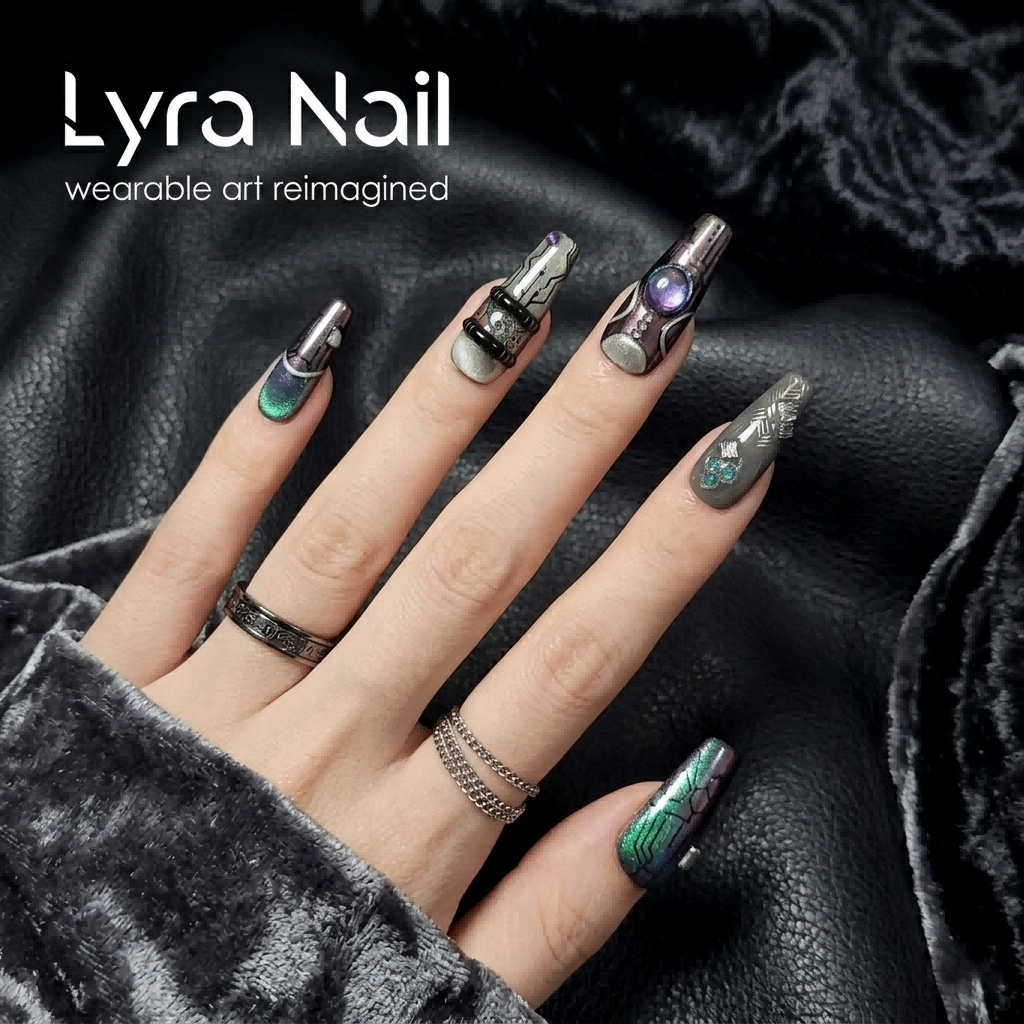[AC-058]Cyber AI Gaze | Artisan Handmade Press On Nails | Galactic Purple & Blue Cat-Eye with Tech-Noir Mechanical Engravings | Salon Quality, 7-10 Day Shipping