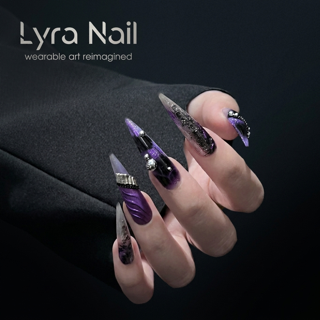 [AC-031]Phantom Blackcurrant | Artisan Handmade Press On Nails | Matte Dark Aesthetic Extra Long Stiletto with Crushed Stone | Salon Quality, 7-10 Day Shipping