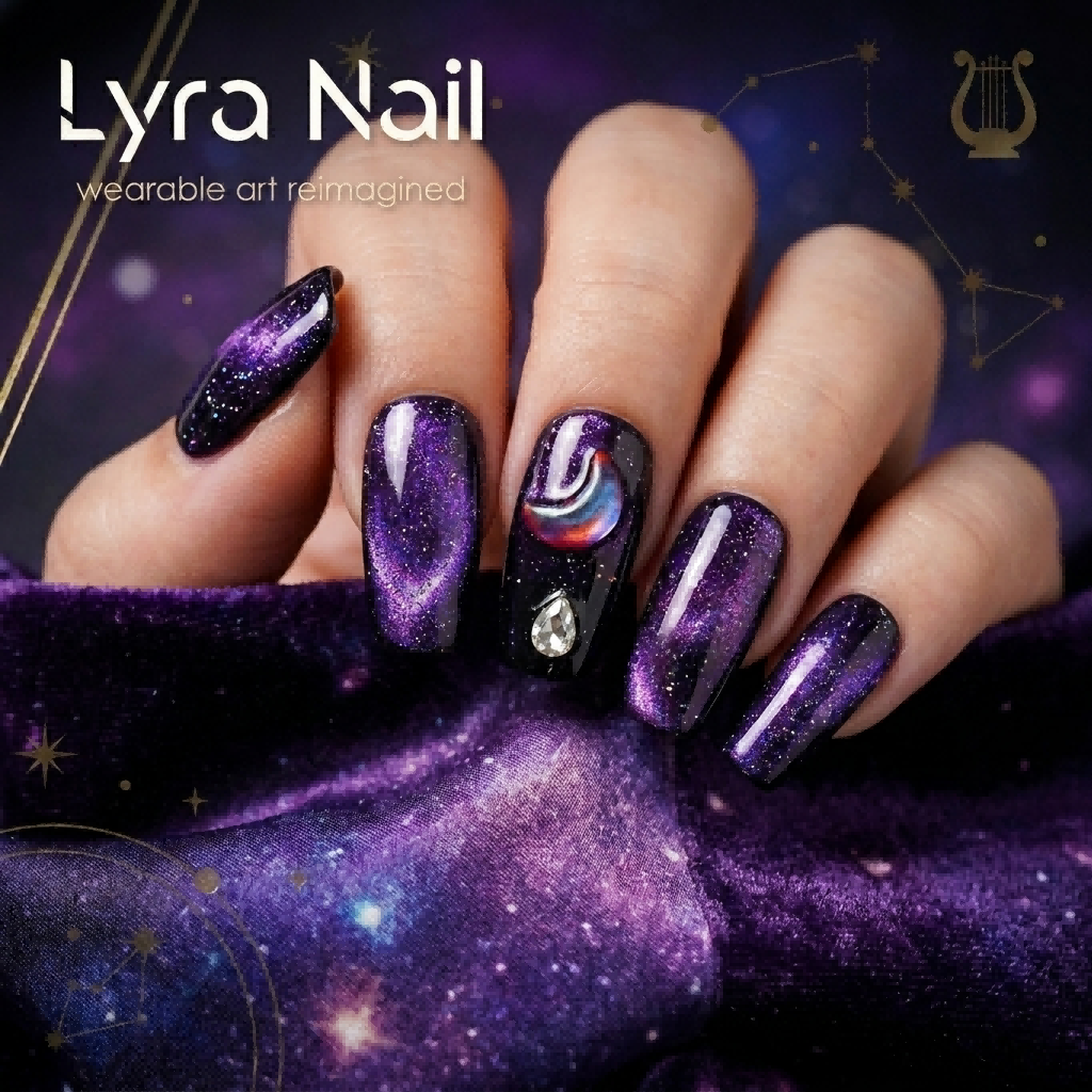 [AC-034]Medusa Purple Starlight | Artisan Handmade Press On Nails | Psychedelic Nebula Cat-Eye with Crimson Moon & Crystal | Salon Quality, 7-10 Day Shipping