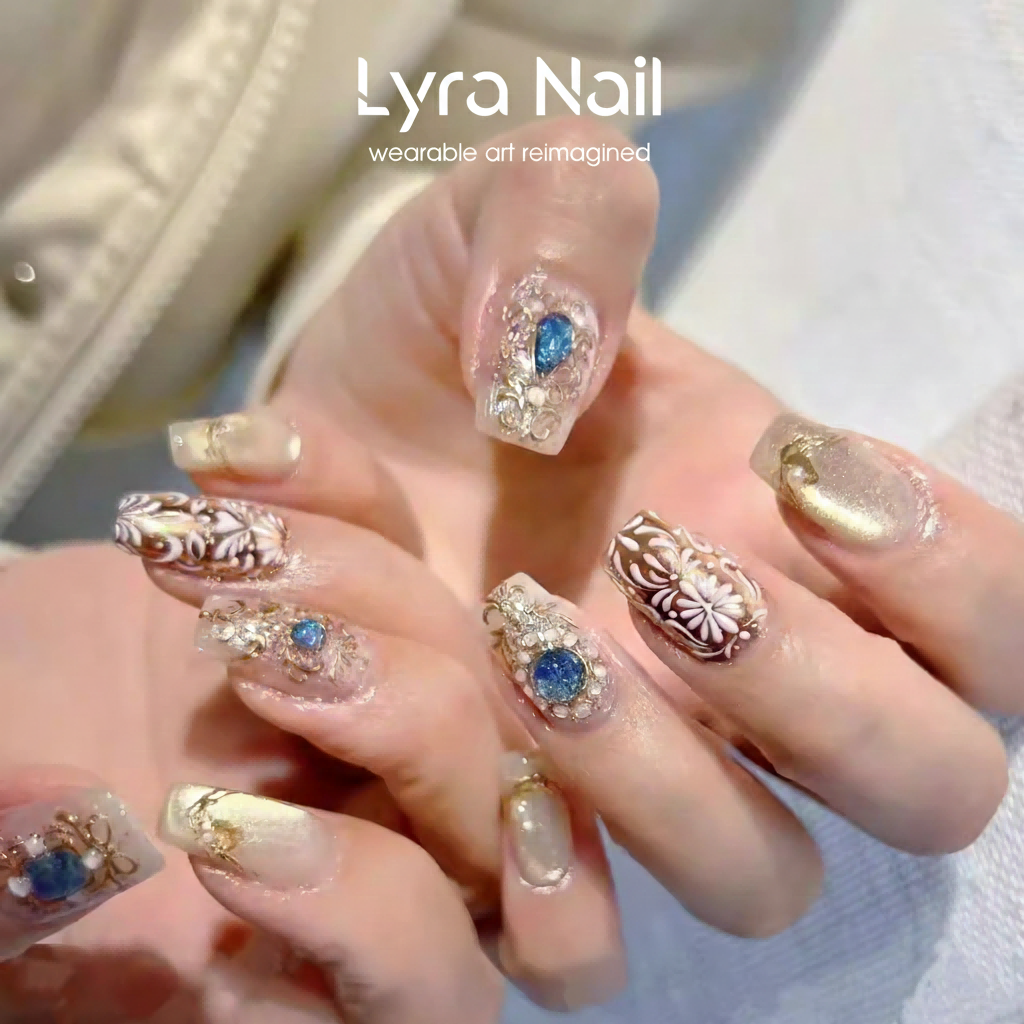 [AC-011]Persian Muse | Artisan Handmade Press On Nails | Royal Court Gold Totems with Blue Gemstone Accents & Bracelet Style Hand-Painted Art | Salon Quality, 7-10 Day Shipping