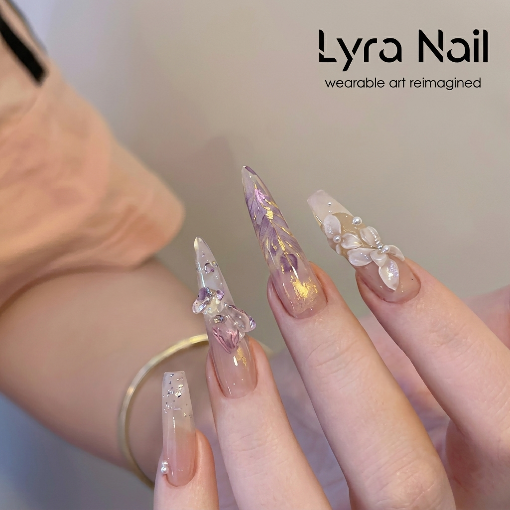 [AC-032]Cinderella Iris | Artisan Handmade Press On Nails | Winter Milk Tea Taro Purple with 3D Floral Accents | Salon Quality, 7-10 Day Shipping