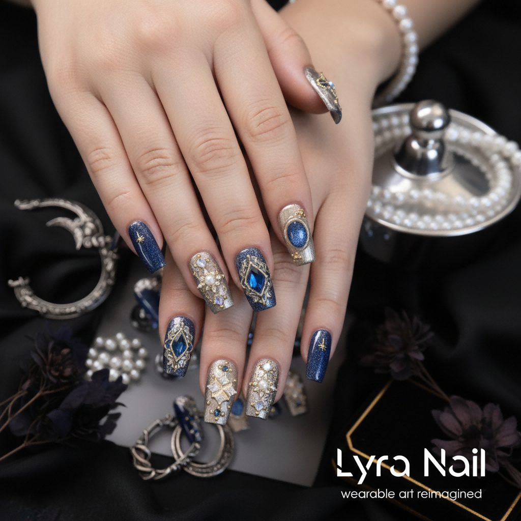 [AC-004]Sapphire Gaze | Artisan Handmade Press On Nails | Deep Blue Gemstones with Champagne Gold Silk Textures & Royal Jewels | Salon Quality, 7-10 Day Shipping
