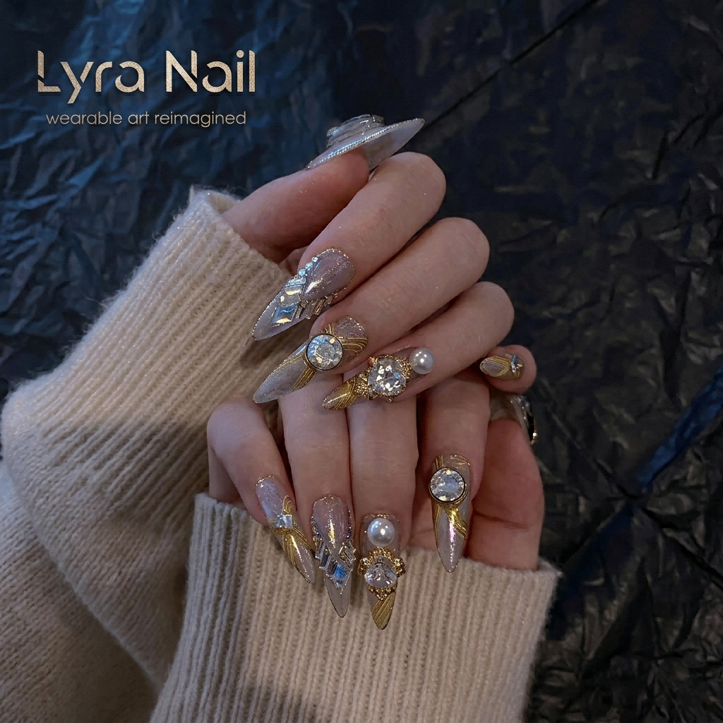 [AC-030]Gilded Persian | Artisan Handmade Press On Nails | Luxury High-End Jewelry Stiletto with Gold Inlay & Gemstones | Salon Quality, 7-10 Day Shipping