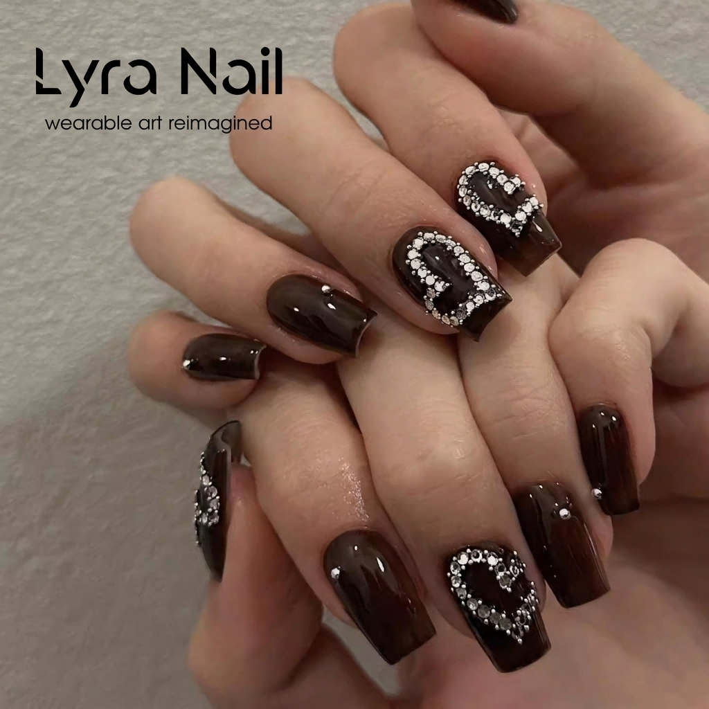 [AC-054]Mocha Caramel Heart | Artisan Handmade Press On Nails | Soft Autumn/Winter Milk Tea Amber with Double-Row Rhinestone Love Hearts | Salon Quality, 7-10 Day Shipping