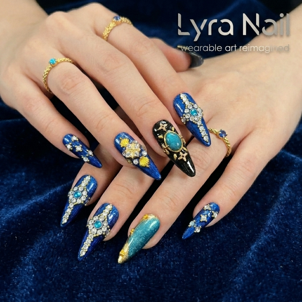 [AC-033]Mediterranean Buccellati | Artisan Handmade Press On Nails | Exotic Heavy Industry Full Diamond Stiletto with Contrast Jewel Inlay | Salon Quality, 7-10 Day Shipping