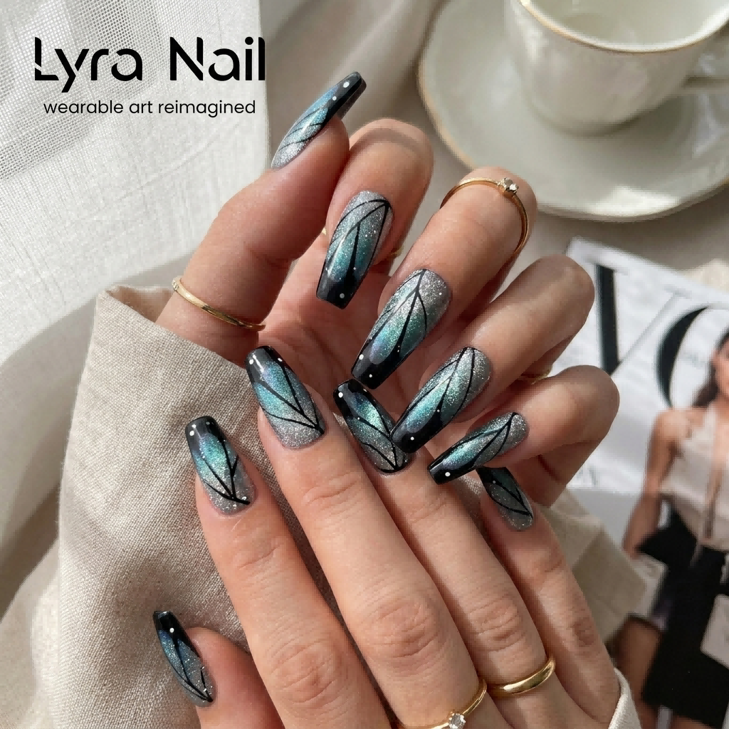 [AC-028]Ice Blue Wing | Artisan Handmade Press On Nails | Butterfly Silhouette Icy Cat-Eye Gradient Summer Coffin | Salon Quality, 7-10 Day Shipping
