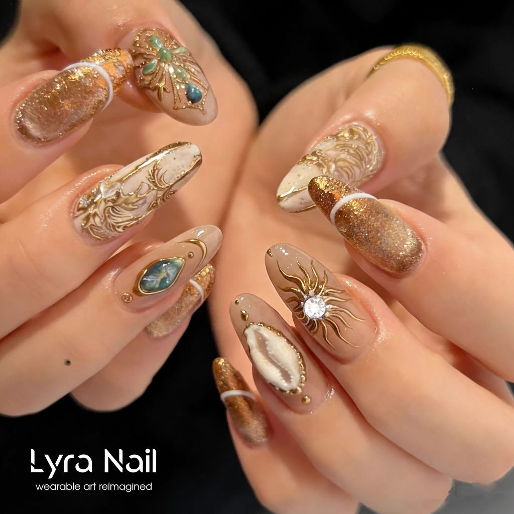 [AC-003]Desert Deity | Artisan Handmade Press On Nails | Ancient Egyptian Temple Motifs with Sun God Symbols, Sea Coconuts & Golden Filigree | Salon Quality, 7-10 Day Shipping