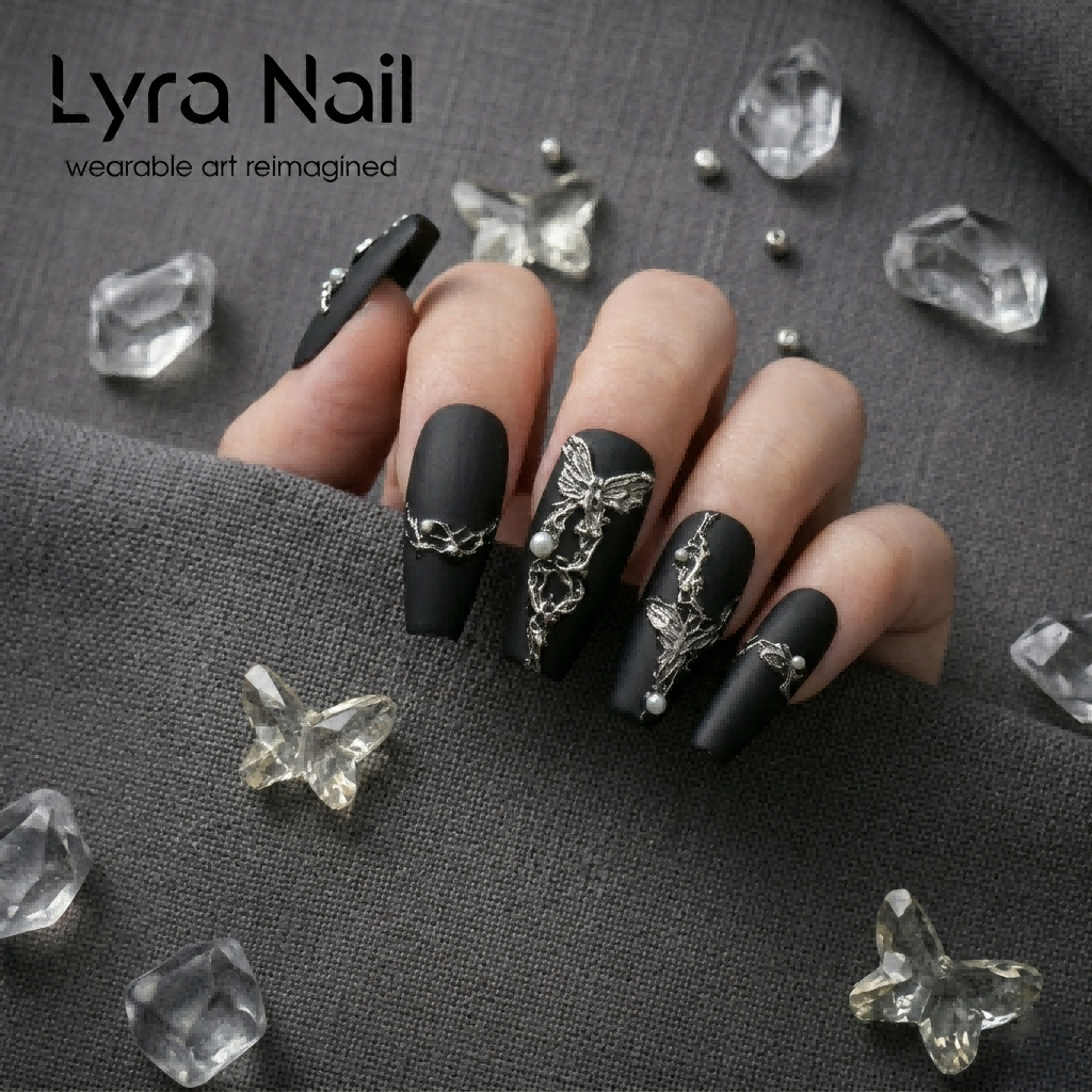 [AC-052]Thorn Butterfly | Artisan Handmade Press On Nails | Dark Silver Chrome & Aurora Swallowtail Wings with Goth Rhinestones | Salon Quality, 7-10 Day Shipping