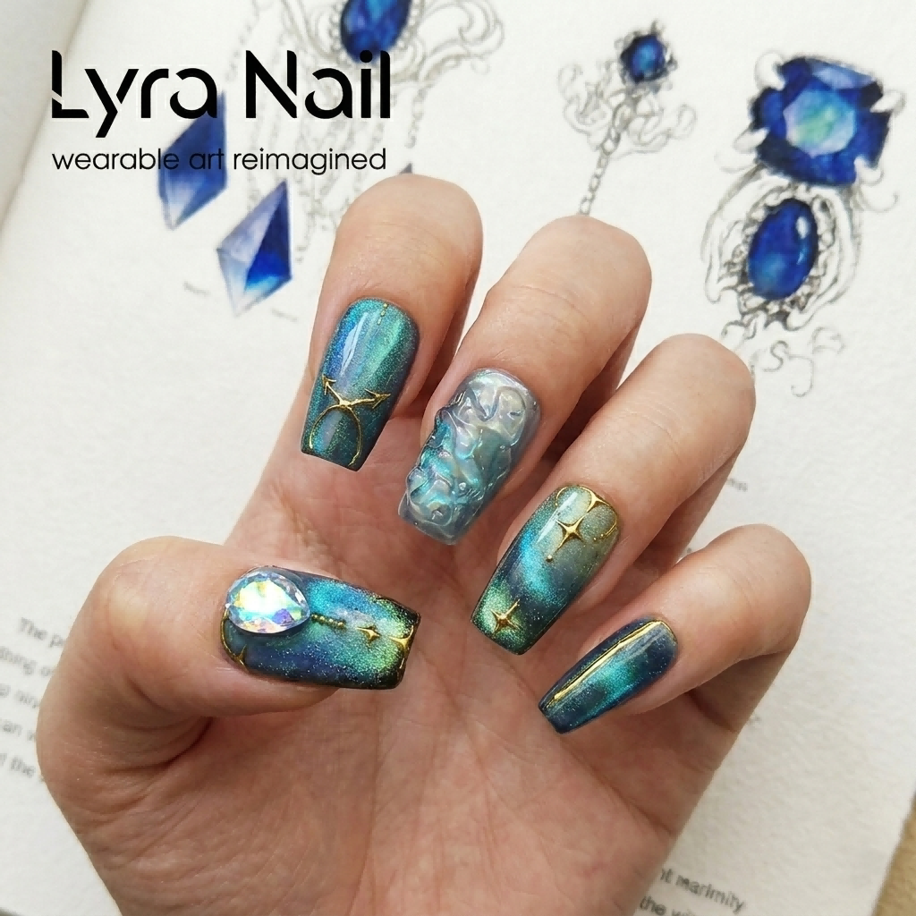 [AC-053]Aqua Neptune | Artisan Handmade Press On Nails | Shimmering Deep Emerald Teal Shimmer & Translucent Waterpool Effect with Starry Diamonds | Salon Quality, 7-10 Day Shipping