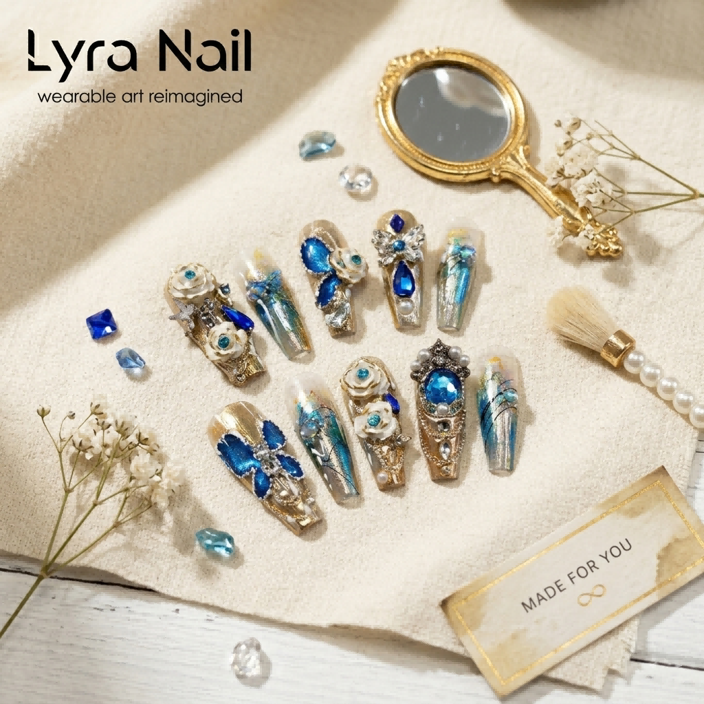 [AC-036]Bermuda Blue Fantasy | Artisan Handmade Press On Nails | Peacock Sapphire Butterfly Charms & White Rose Pearl Couture Coffin | Salon Quality, 7-10 Day Shipping