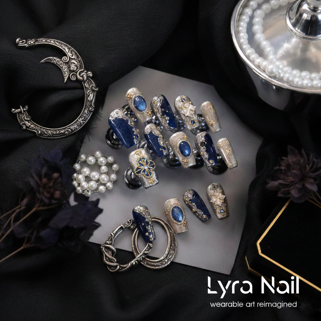 [AC-004]Sapphire Gaze | Artisan Handmade Press On Nails | Deep Blue Gemstones with Champagne Gold Silk Textures & Royal Jewels | Salon Quality, 7-10 Day Shipping