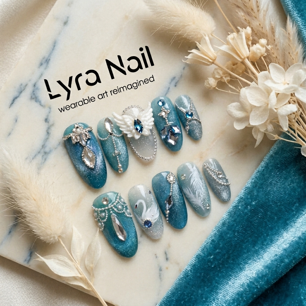 [AC-024]Swan Lake Serenity | Artisan Handmade Press On Nails | Hazy Blue Cat-Eye with 3D Angel Wings & Hand-Painted Feathers | Salon Quality, 7-10 Day Shipping