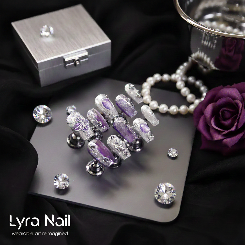 [AC-020]Mystic Purple Buccellati | Artisan Handmade Press On Nails | Vintage Jewelry Silk Texture Coffin | Salon Quality, 7-10 Day Shipping