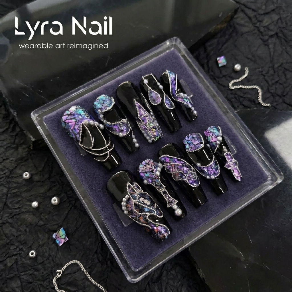 [AC-062]Midnight Raden | Artisan Handmade Press On Nails | Mystic Purple Pearl Mosaic & Faux Raden Shards with Luxury Pearl Chains & Baroque Reliefe | Salon Quality, 7-10 Day Shipping
