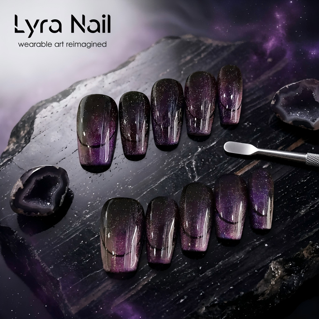 [AC-039]Wednesday Witch | Artisan Handmade Press On Nails | Dark Goth Crystal Cat-Eye Gradient Purple | Salon Quality, 7-10 Day Shipping