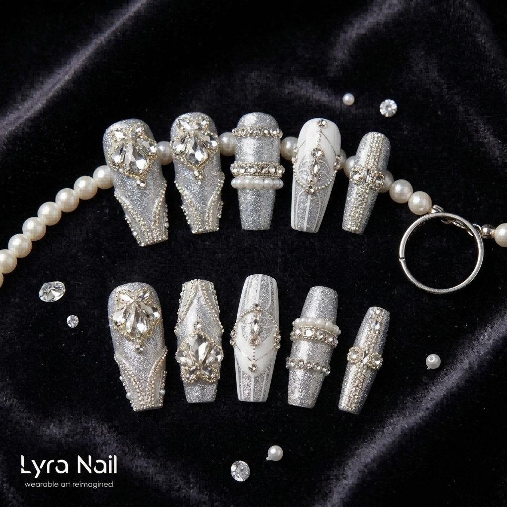 [AC-019]Frozen Fortress | Artisan Handmade Press On Nails | Winter Icy Silver Shimmer with Crystal Cross & Teardrop Gemstones | Salon Quality, 7-10 Day Shipping