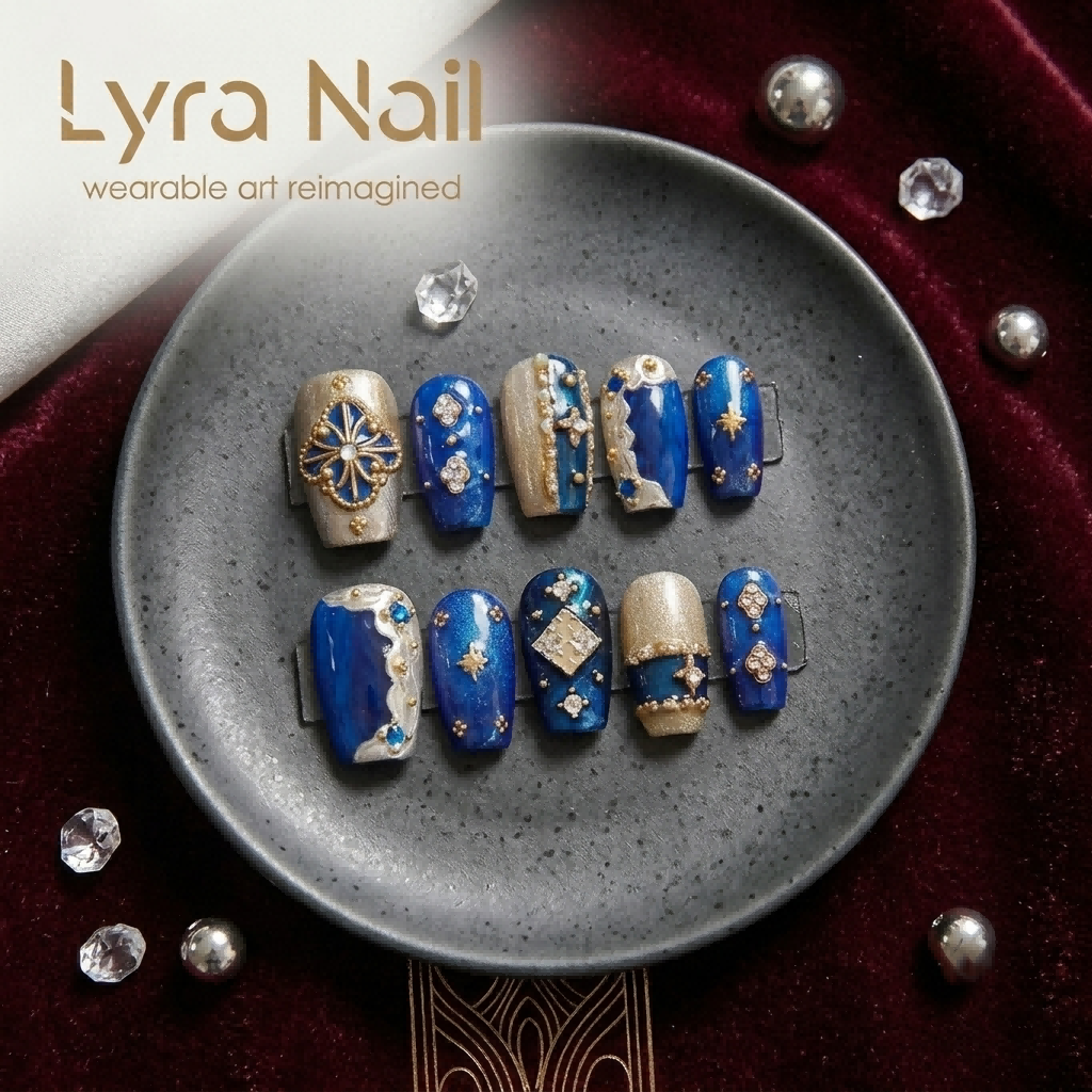 [AC-060]Royal Midnight Blue | Artisan Handmade Press On Nails | Klein Blue & Gold Buccellati Filigree with Starry Gems & Baroque Jewels | Salon Quality, 7-10 Day Shipping