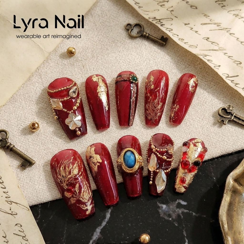 [AC-056]Desert Loulan | Artisan Handmade Press On Nails | Exotic Crimson Red & Antique Gold Foil with Turquoise Rings and Flame Flower Filigree | Salon Quality, 7-10 Day Shipping