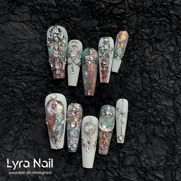 [AC-038]Empress's Glazed Throne | Artisan Handmade Press On Nails | Italian Court Sculpture Style with Heavy Crystal & Iridescent Detailing | Salon Quality, 7-10 Day Shipping