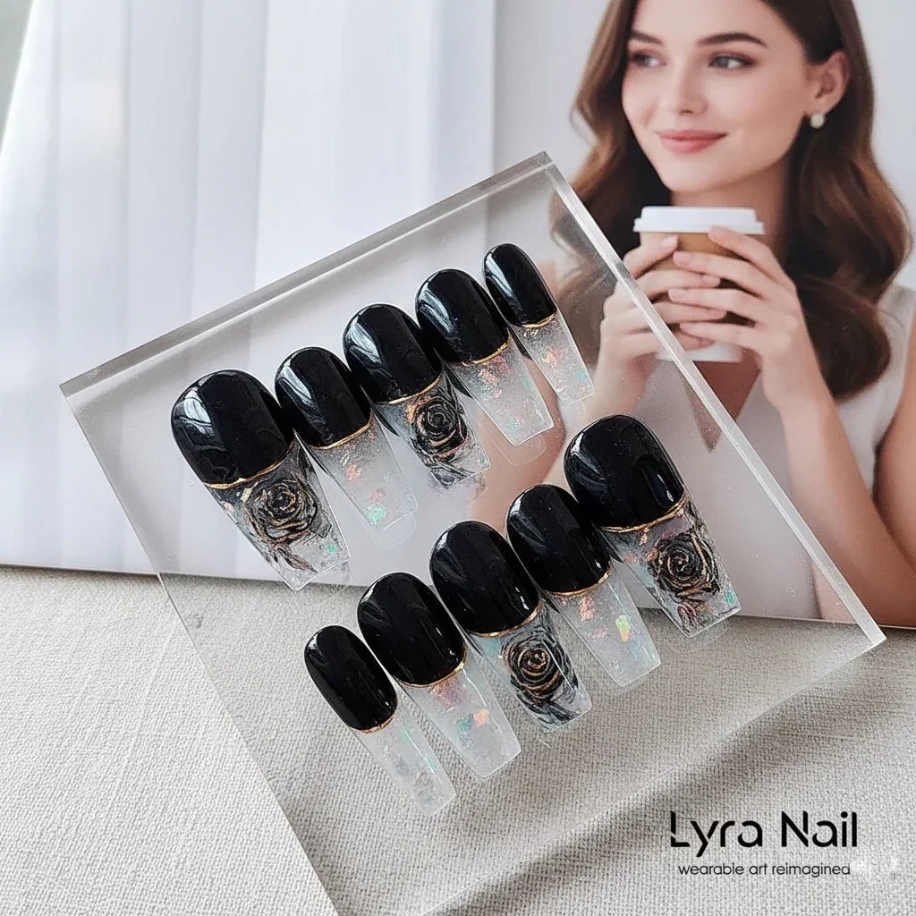 [AC-008]Theia Noir | Artisan Handmade Press On Nails | French Milky Opaque with Gold-Stamped Black Roses & Ink Watercolor | Salon Quality, 7-10 Day Shipping
