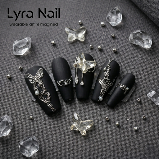 [AC-052]Thorn Butterfly | Artisan Handmade Press On Nails | Dark Silver Chrome & Aurora Swallowtail Wings with Goth Rhinestones | Salon Quality, 7-10 Day Shipping
