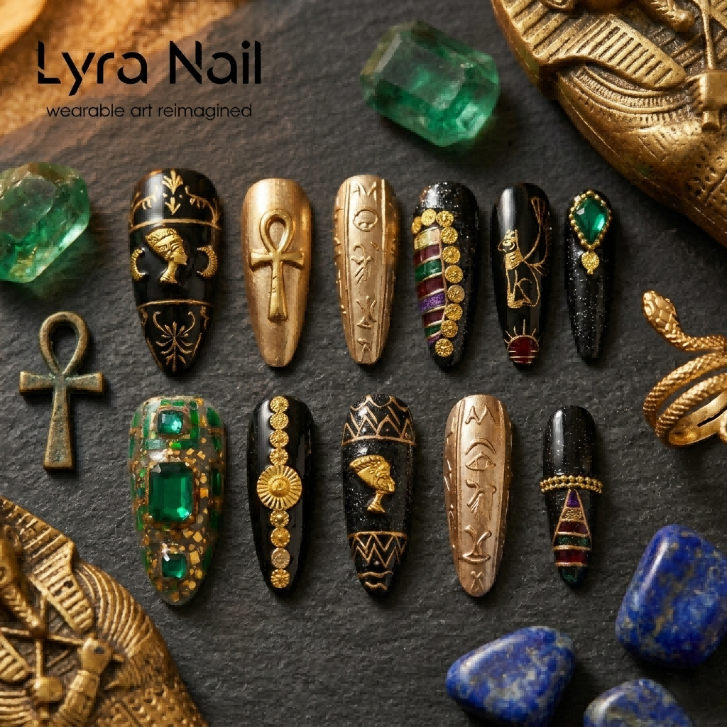 [AC-051]Emerald Cleopatra | Artisan Handmade Press On Nails | Vintage Luxury Emeralds with Buccellati Gold Filigree & Dragon Chains | Salon Quality, 7-10 Day Shipping