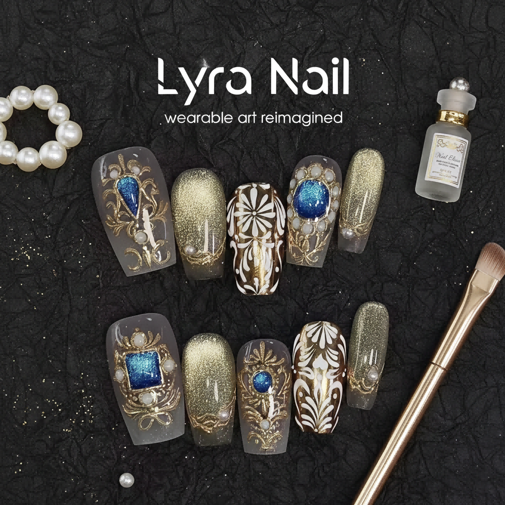 [AC-011]Persian Muse | Artisan Handmade Press On Nails | Royal Court Gold Totems with Blue Gemstone Accents & Bracelet Style Hand-Painted Art | Salon Quality, 7-10 Day Shipping
