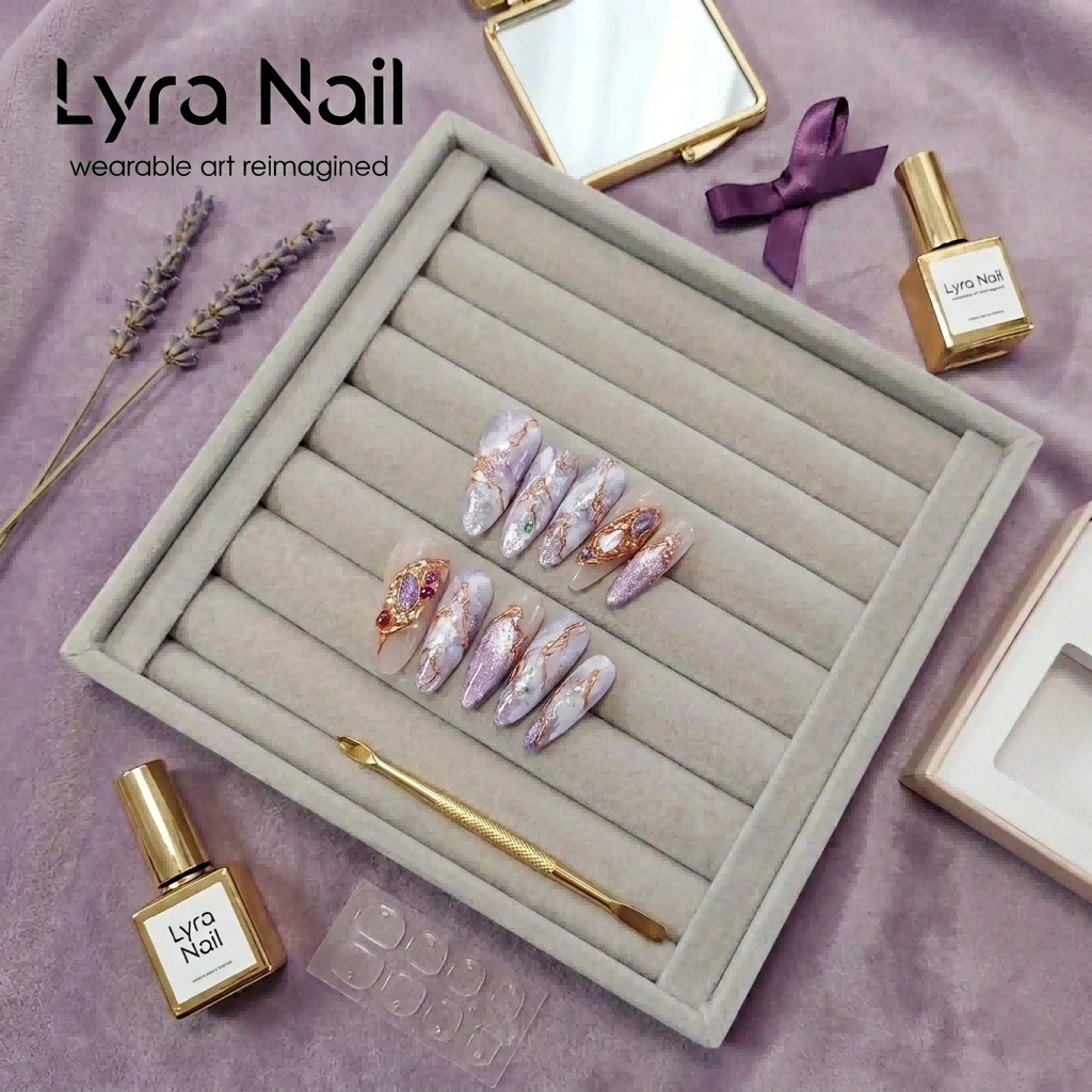 [AC-057]Barrymore Maiden | Artisan Handmade Press On Nails | Ethereal Lilac Marble & Shimmering Cat-Eye with Rose Gold Baroque Filigree | Salon Quality, 7-10 Day Shipping