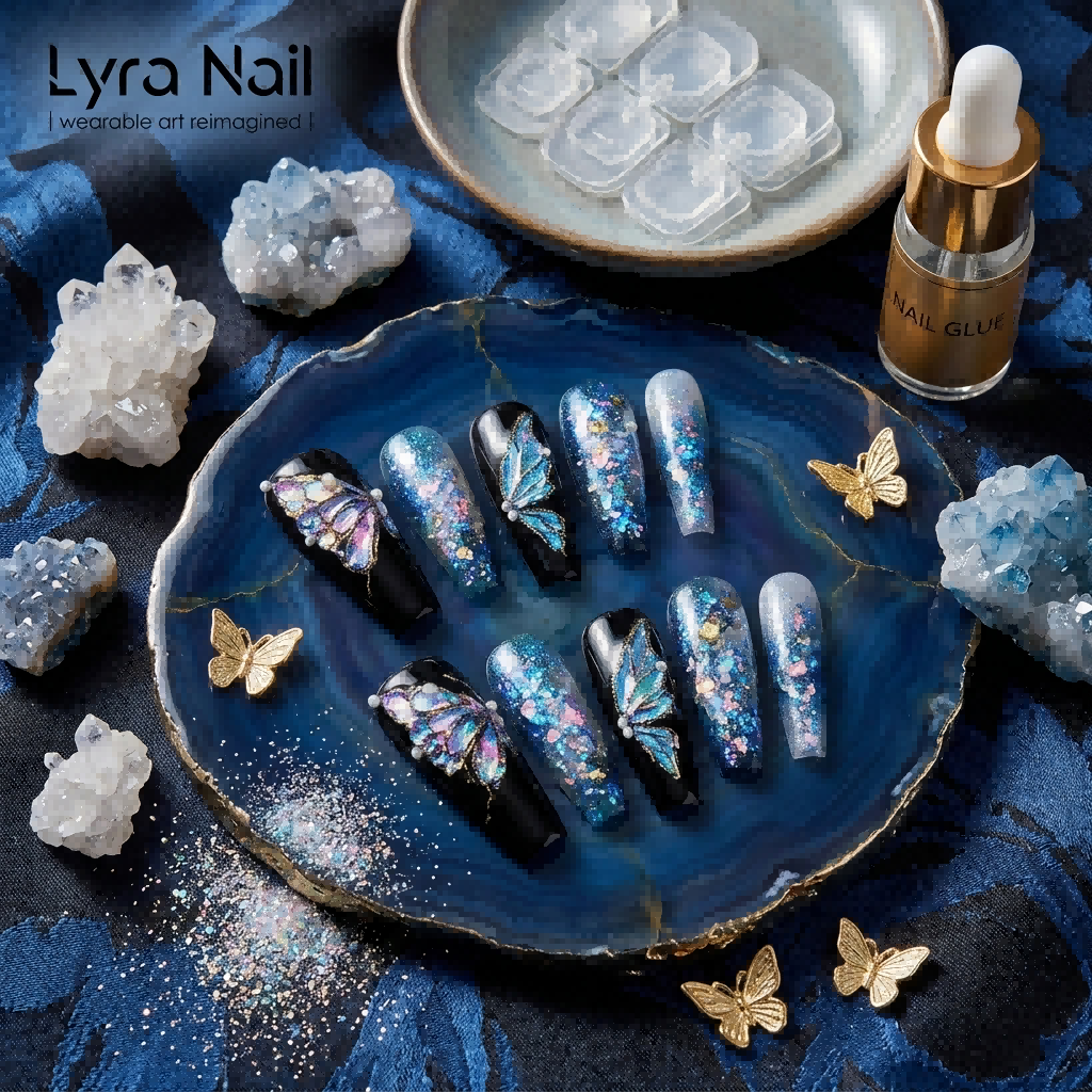 [AC-040]The Silent Butterfly | Artisan Handmade Press On Nails | Dark Galaxy Coffin with Hand-Painted Iridescent Wings | Salon Quality, 7-10 Day Shipping