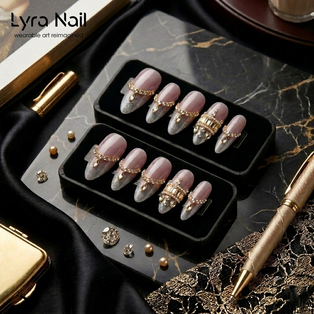 [AC-022]Noble Champagne | Artisan Handmade Press On Nails | Luxury Aquamarine & Gold Jewelry Extra-Long Almond | Salon Quality, 7-10 Day Shipping