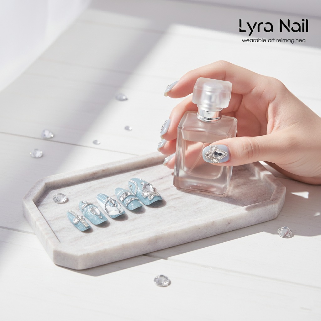 [AC-018]Ice Kingdom Princess | Artisan Handmade Press On Nails | Galaxy Blue Shimmer with Crystal Cross & Teardrop Diamonds | Salon Quality, 7-10 Day Shipping