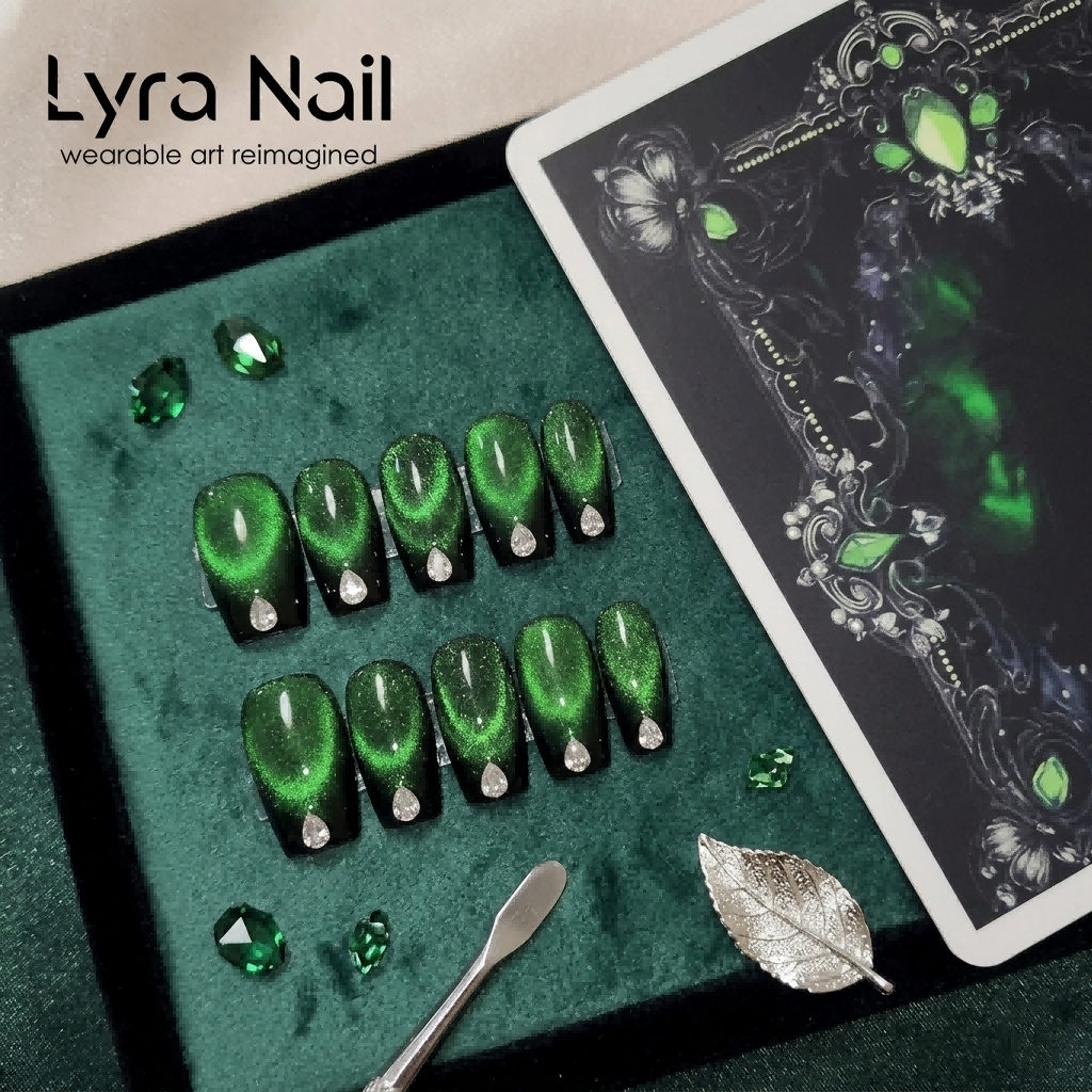 [AC-045]Emerald Sorceress | Artisan Handmade Press On Nails | Deep Magic Green Cat-Eye with Teardrop Diamond Accents | Salon Quality, 7-10 Day Shipping