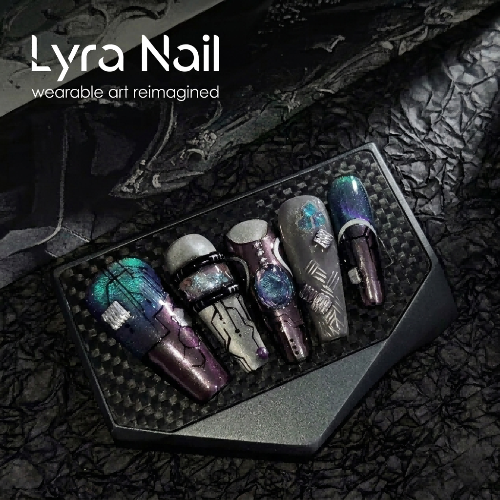 [AC-058]Cyber AI Gaze | Artisan Handmade Press On Nails | Galactic Purple & Blue Cat-Eye with Tech-Noir Mechanical Engravings | Salon Quality, 7-10 Day Shipping