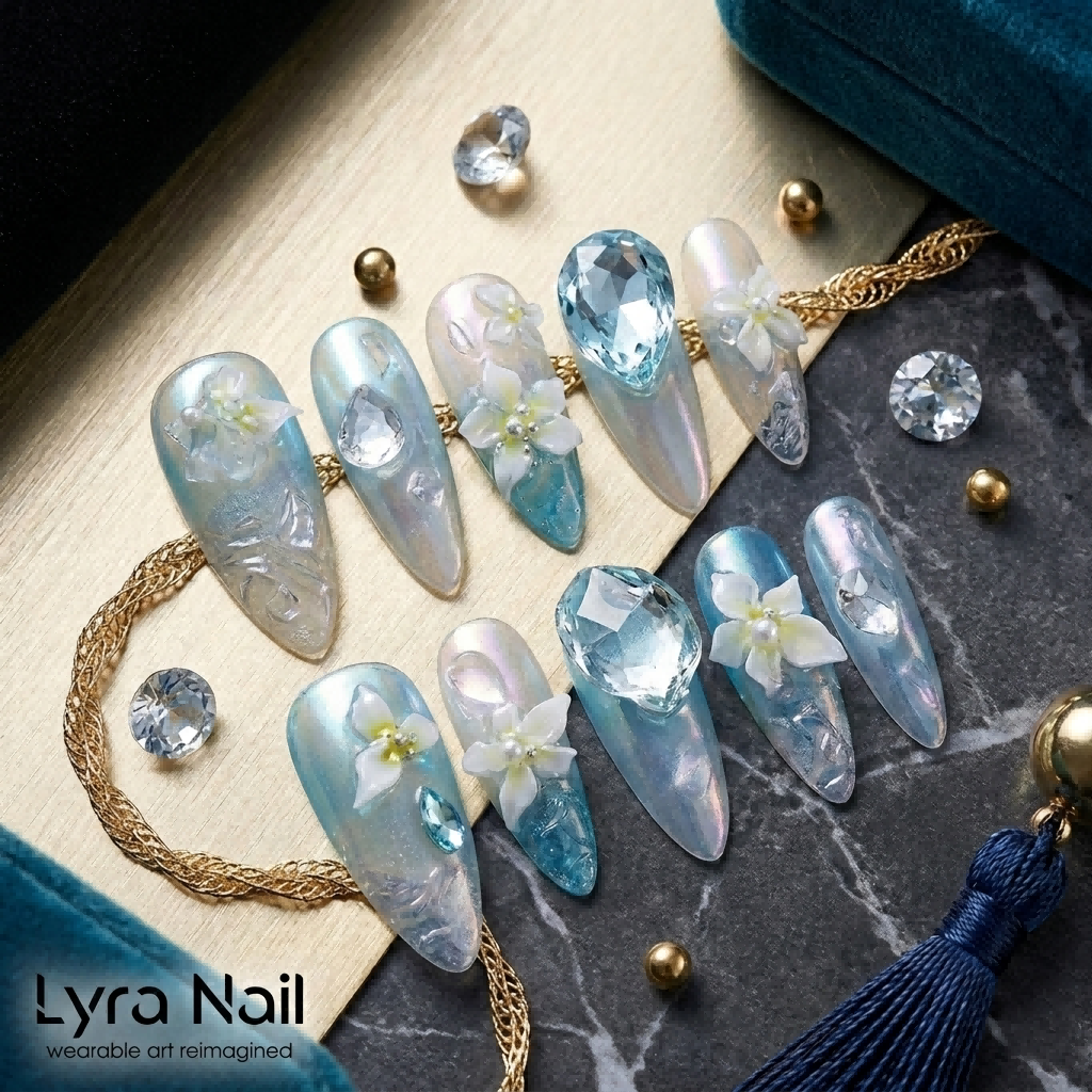 [AC-042]Thai Sparkling Cider | Artisan Handmade Press On Nails | Ice-Blue Jelly Gradient with Bubble Textures & Crystal Droplets | Salon Quality, 7-10 Day Shipping