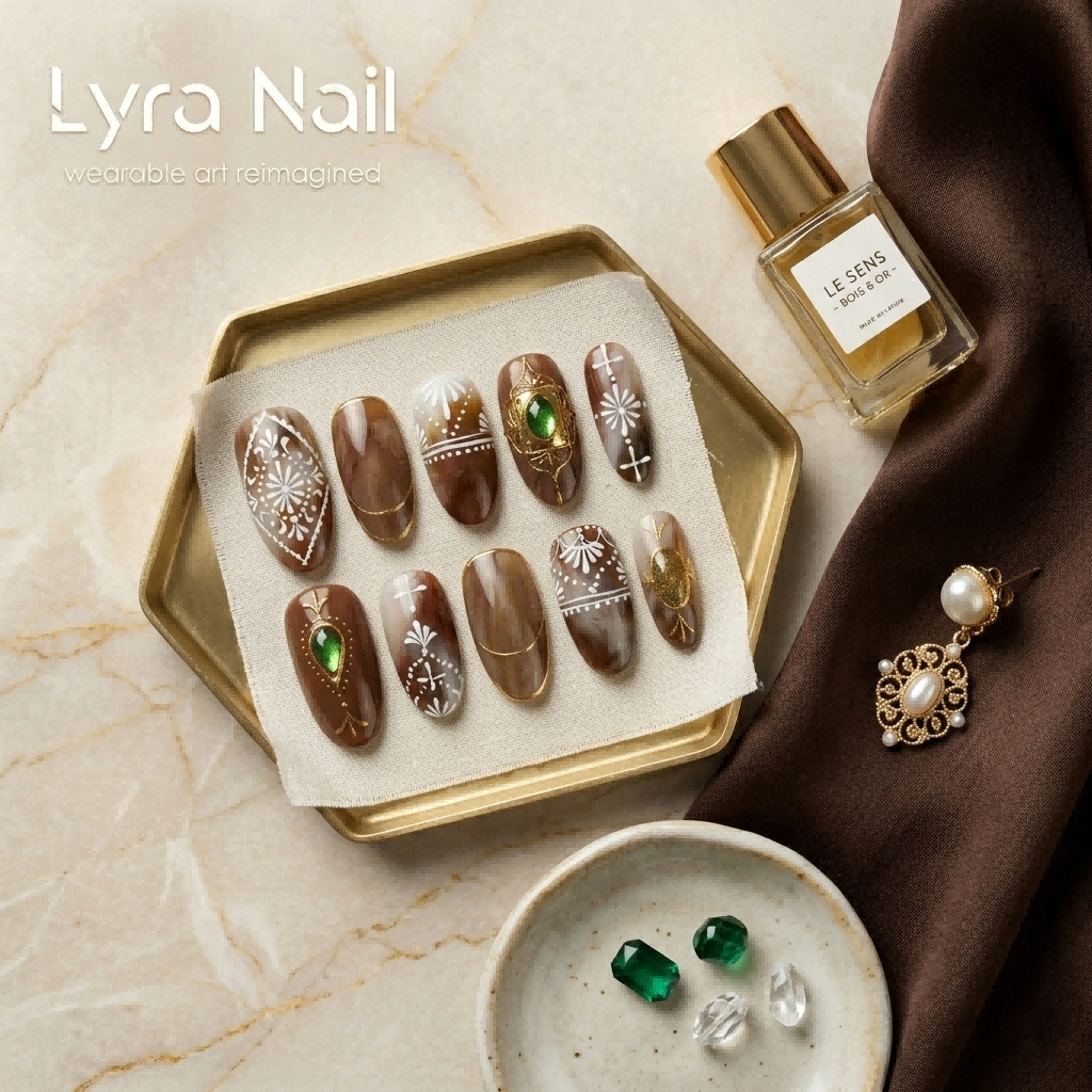 [AC-035]Moroccan Golden Autumn | Artisan Handmade Press On Nails | Exotic Vintage Tile Hand-Painted Fall Aesthetic | Salon Quality, 7-10 Day Shipping