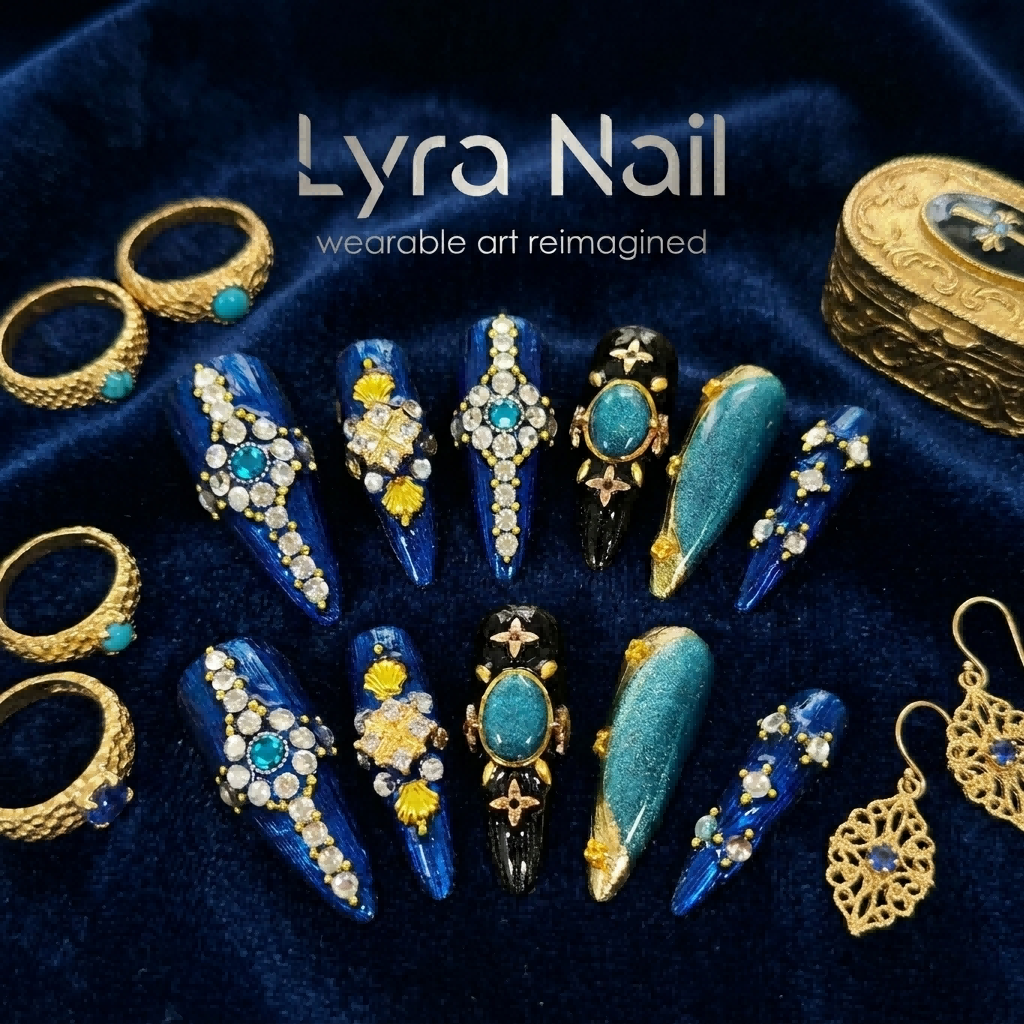 [AC-033]Mediterranean Buccellati | Artisan Handmade Press On Nails | Exotic Heavy Industry Full Diamond Stiletto with Contrast Jewel Inlay | Salon Quality, 7-10 Day Shipping