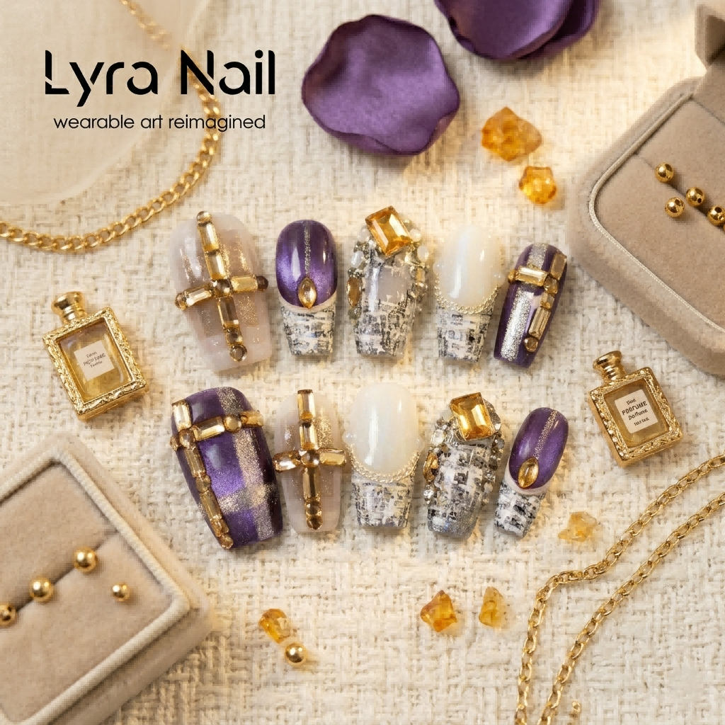 [AC-050]Vintage Tweed Heiress | Artisan Handmade Press On Nails | Powder Purple & Ivory Tweed with Champagne Gold Luxury Crosses | Salon Quality, 7-10 Day Shipping