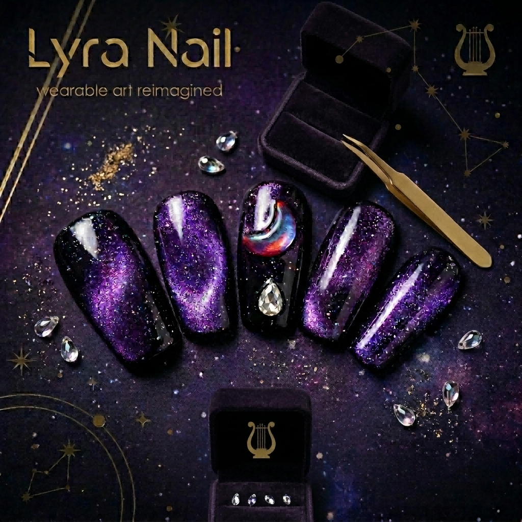 [AC-034]Medusa Purple Starlight | Artisan Handmade Press On Nails | Psychedelic Nebula Cat-Eye with Crimson Moon & Crystal | Salon Quality, 7-10 Day Shipping