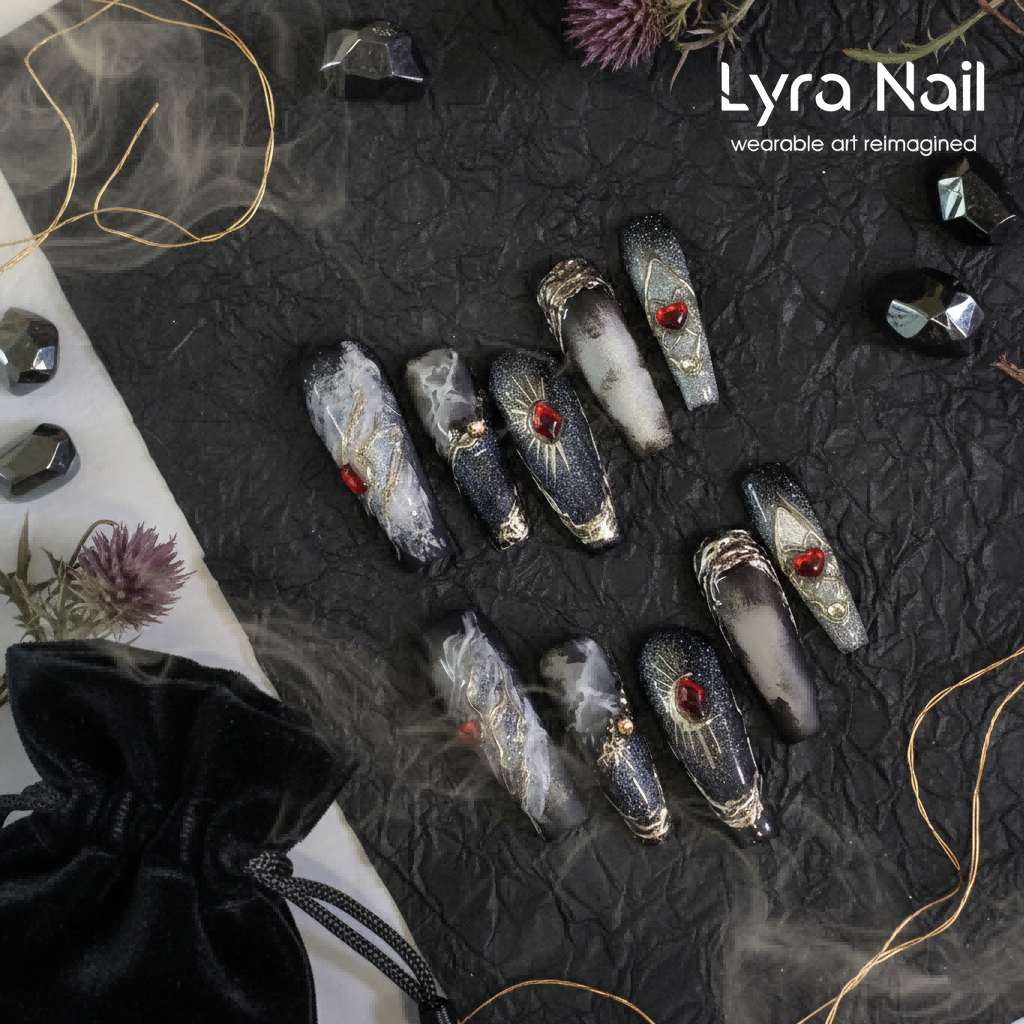 [AC-010]Gothic Metal | Artisan Handmade Press On Nails | Dark Metallic Cat-Eye with Silver Filigree & Ruby Accents | Salon Quality, 7-10 Day Shipping