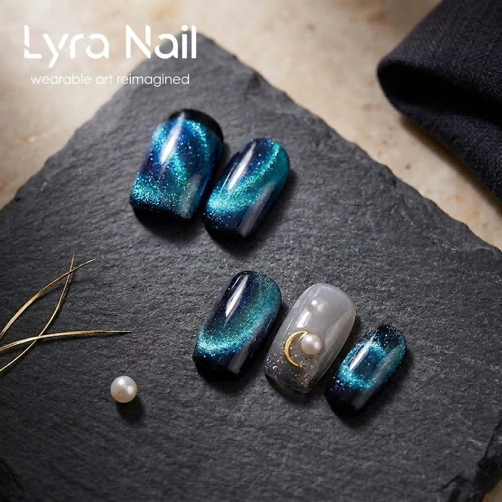 [AC-029]Midnight ESSE Mint | Artisan Handmade Press On Nails | Icy Galaxy Cat-Eye with Crescent Moon & Pearl Accents | Salon Quality, 7-10 Day Shipping