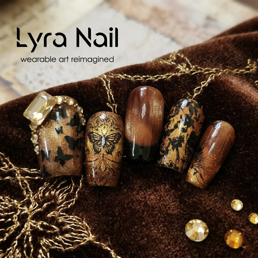 [AC-055]Champagne Amber Butterfly | Artisan Handmade Press On Nails | Vintage Cocoa Amber & Champagne Cat-Eye with Baroque Lace Butterflies & Luxury Topaz Gem | Salon Quality, 7-10 Day Shipping
