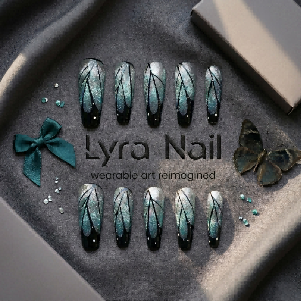 [AC-028]Ice Blue Wing | Artisan Handmade Press On Nails | Butterfly Silhouette Icy Cat-Eye Gradient Summer Coffin | Salon Quality, 7-10 Day Shipping