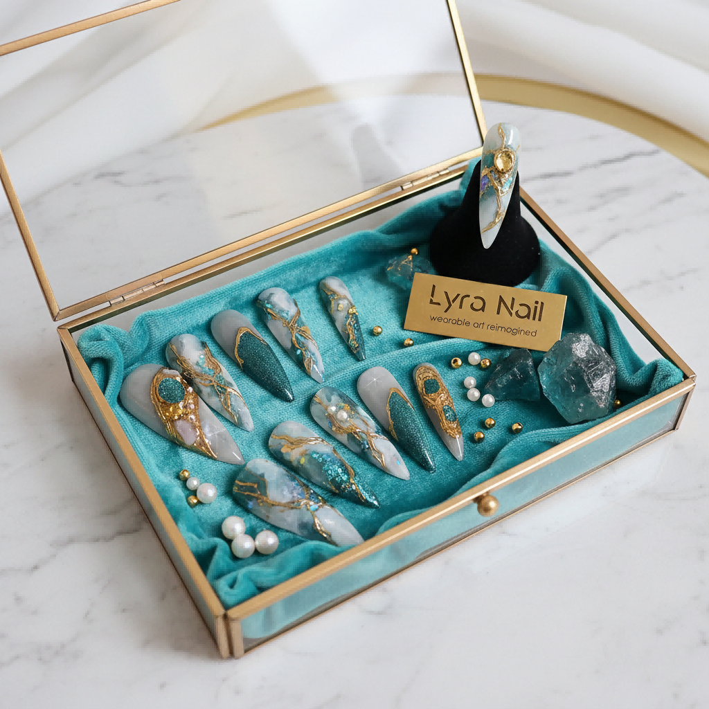 [AC-012]Miss Berger | Artisan Handmade Press On Nails | Vintage Baroque Emerald Cat-Eye with Gold Embossed Vines | Salon Quality, 7-10 Day Shipping