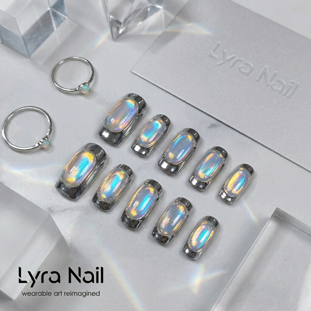 [AC-021]Aura Beam Bulb | Artisan Handmade Press On Nails | Bling Laser Ice Cube Holographic Chrome | Salon Quality, 7-10 Day Shipping