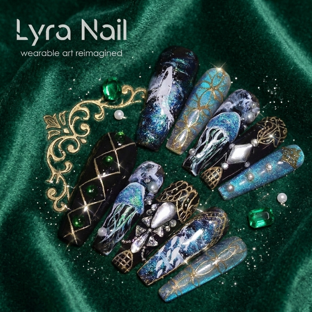 [AC-044]Oceanic Hymn | Artisan Handmade Press On Nails | Deep Sea Jellyfish & Whale Motifs with Sacred Temple Patterns & Pearl Accents | Salon Quality, 7-10 Day Shipping